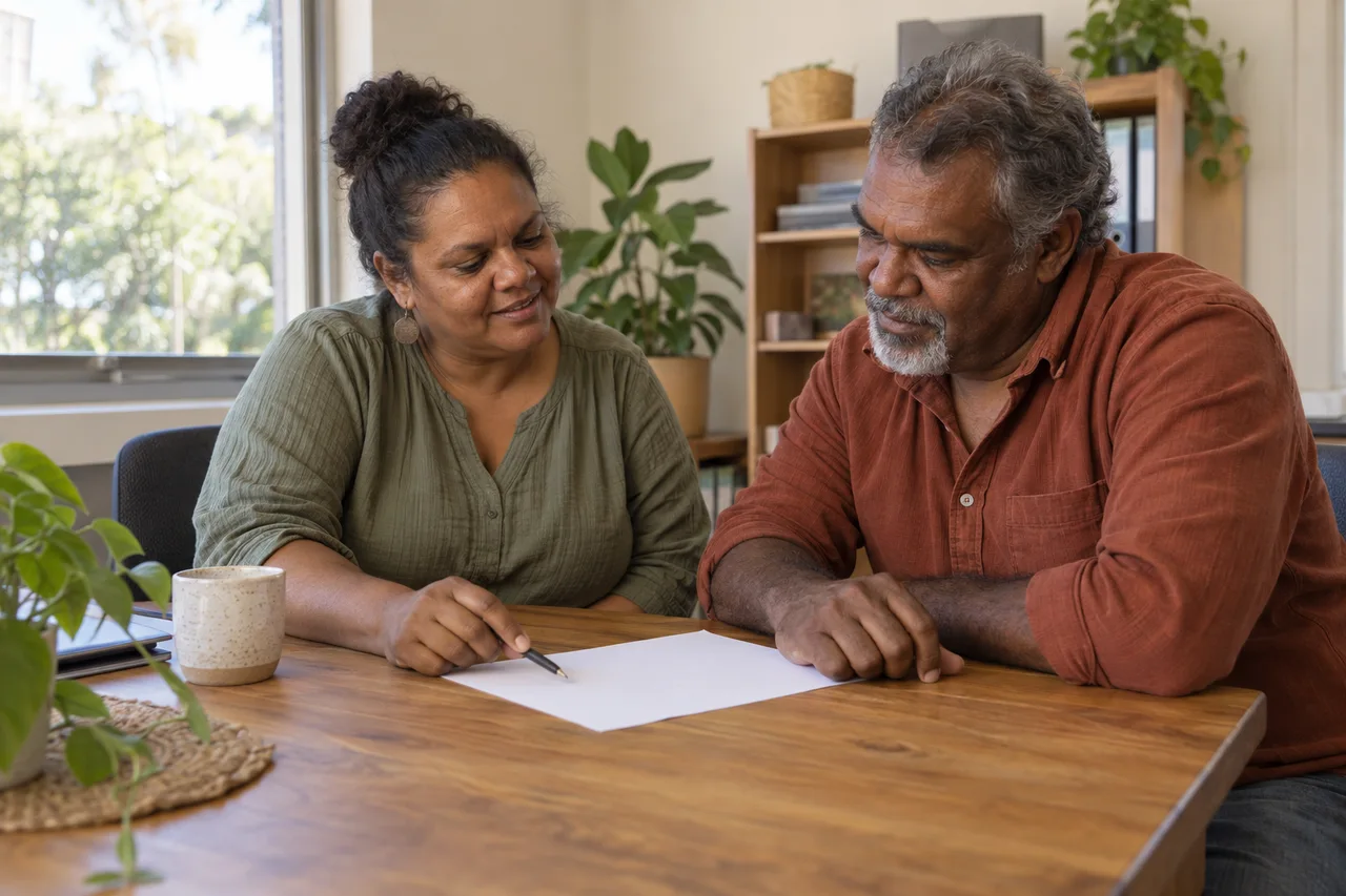 Illustration of two adults talking through a document together in a welcoming office.