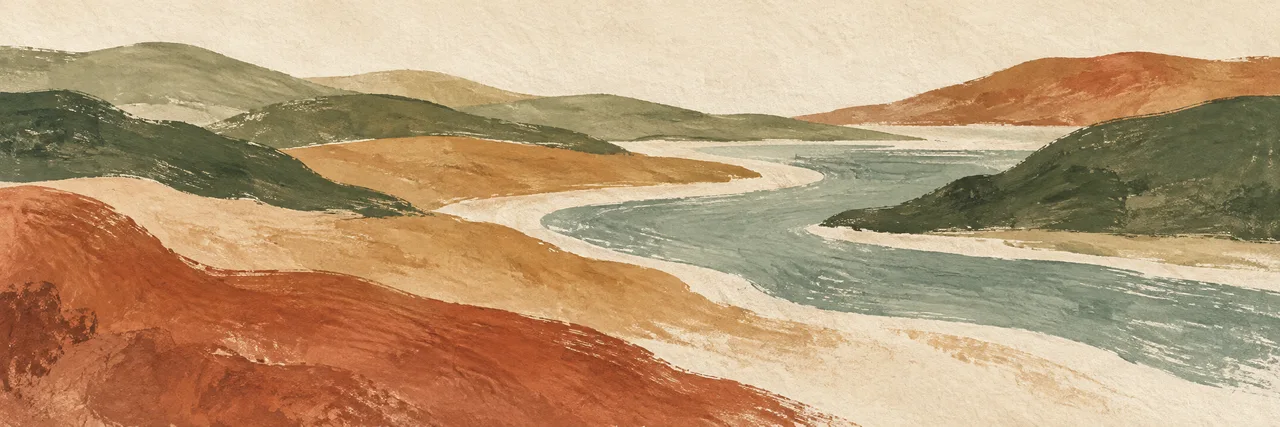 An abstract painted landscape in warm ochre, sage and cream.